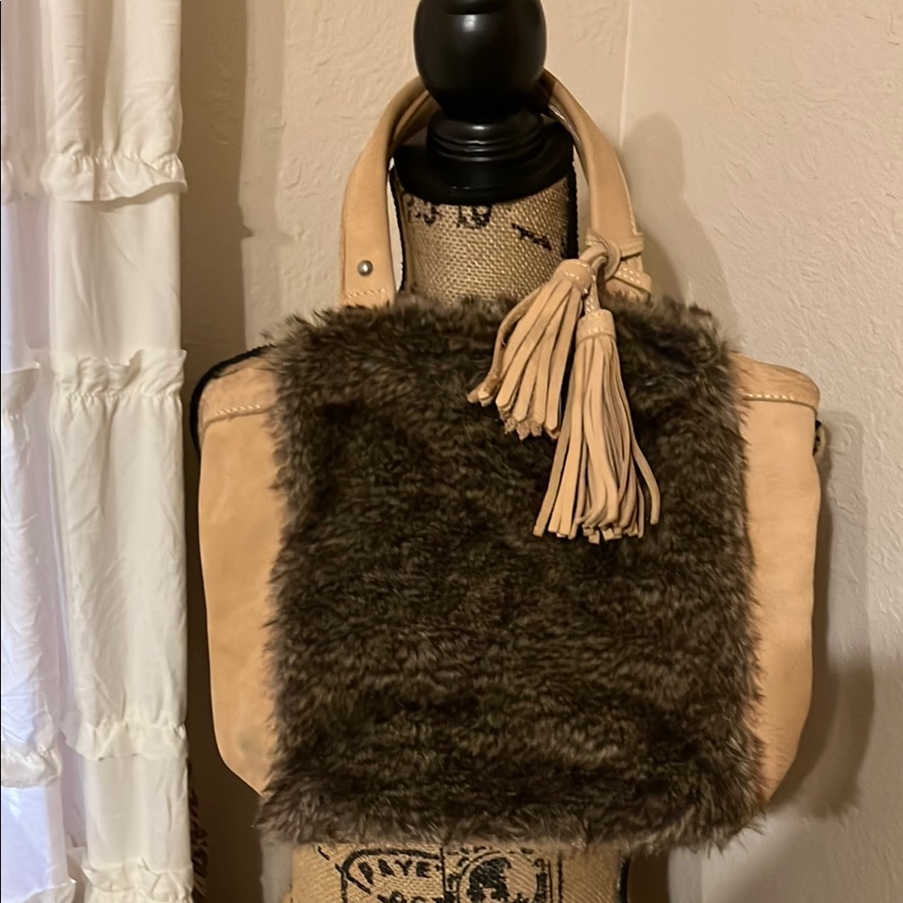 Miss Albright Tan and Brown Tote Bag with Faux Fur Accents